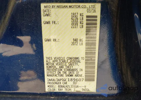 2016 Nissan Altima 2.5 Sr z USA, uszkodzony, nr VIN 1N4AL3AP5GC189607